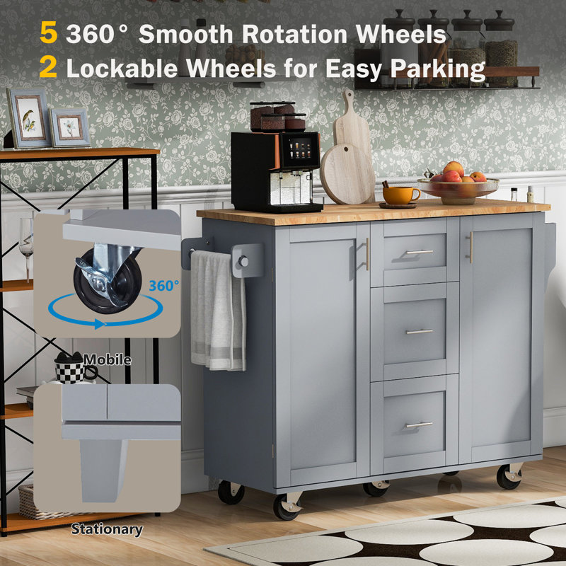 Rolling Kitchen Island With Storage, Kitchen Cart With Rubber Wood Top, 3 Drawer, 2 Slide-Out Shelf And Internal Storage Rack, Kitchen Island On Wheels With Spice Rack & Tower Rack, Grey Blue | Gift Idea
