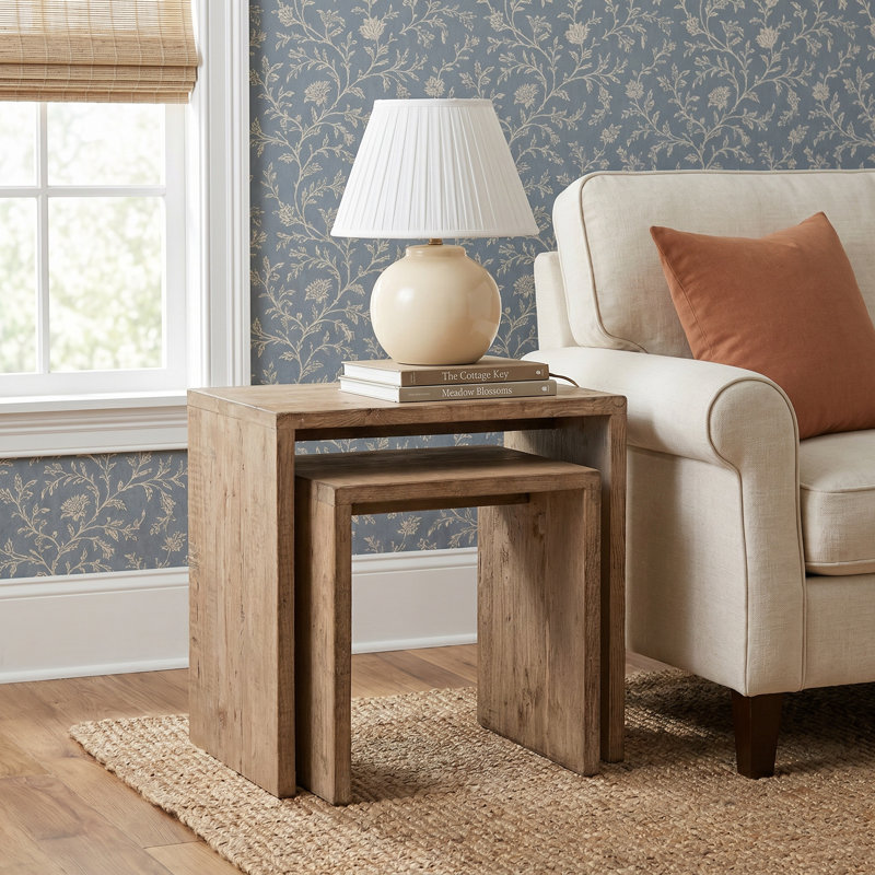 Blu Freddy Reclaimed Pine Wood Nesting Side Table Set (Set of 2), Light Wash