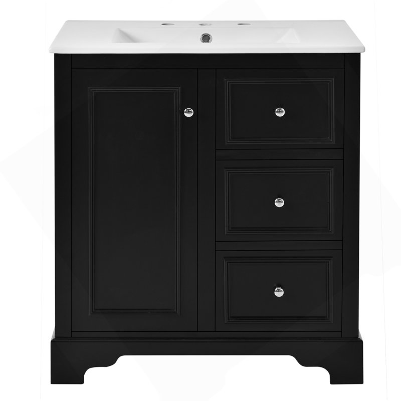 Armoire de meuble-lavabo 30 po avec lavabo en céramique, 3 tiroirs et tablettes réglables, Noir