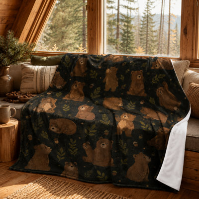 Dark Woodland Bear Flannel Throw Blanket with Acorns, Leaves and Forest Pattern, Earth Tone Animal Print for Couch Bed Reading Chair Cabin Accent, 30 x 40 in