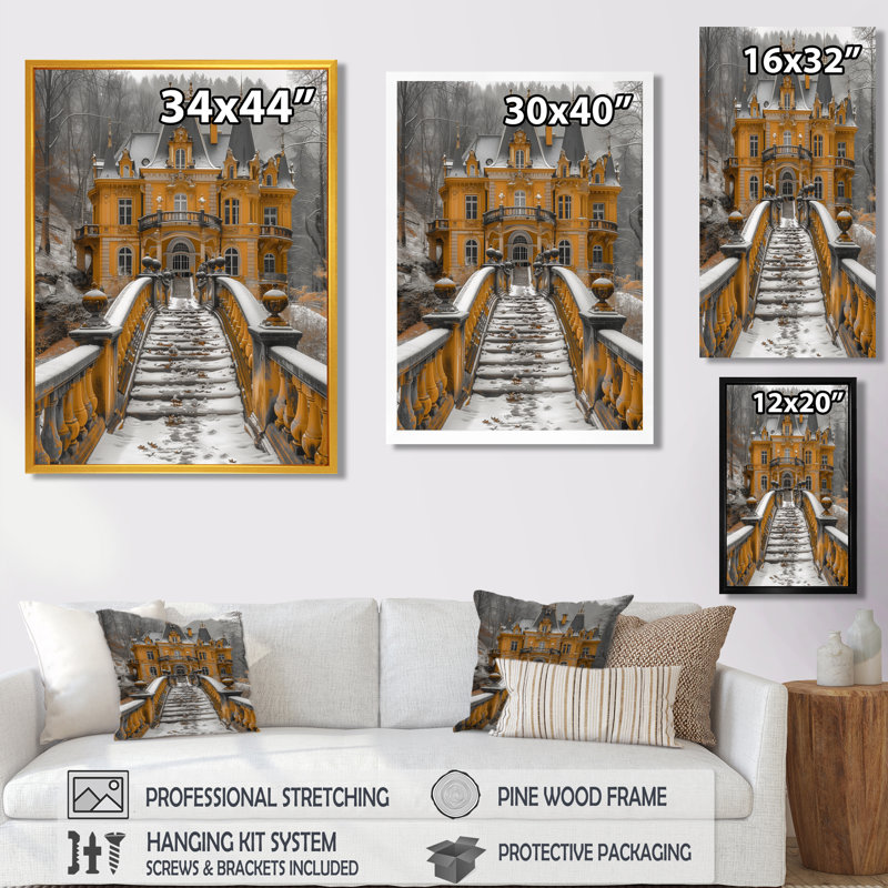 Orange orange, château d'hiver en France - Châteaux, art mural, Toile tendue, H 40 po x l 30 po