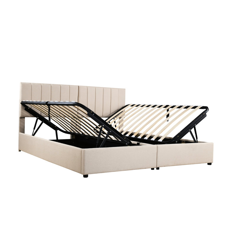 Lit plateforme tapissier très grand avec rangement et unité hydraulique beige doux