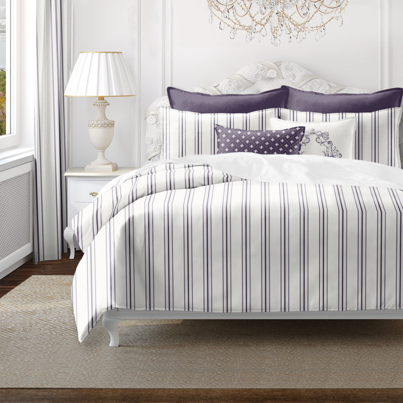 August Stripe Reversible Cotton Duvet Cover Set, Eggplant, Full Duvet Cover + 2 Standard Shams