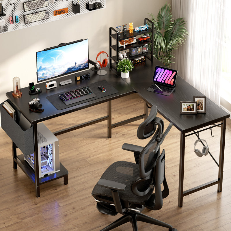 Bureau en L réversible de 50 po de large avec sac de rangement Hussan, Bois aggloméré, Noir