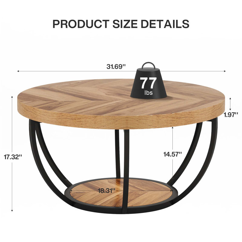 31.7" Wooden 2-Tier Circle Coffee Table With Storage Shelves, Natural Wood