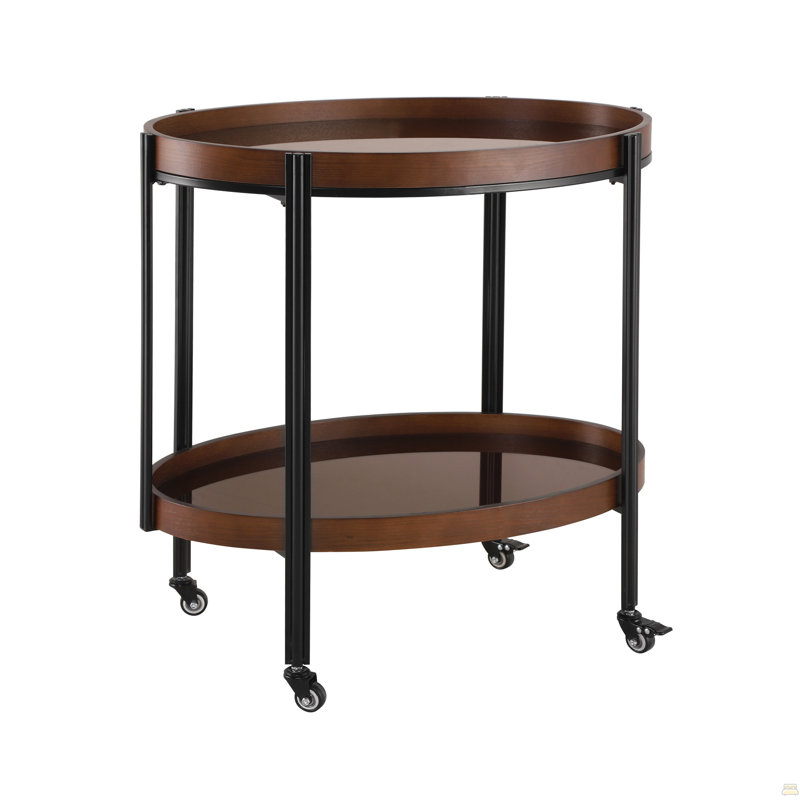 Chariot-bar ovale en noyer foncé à 2 tablettes avec structure en métal noir et verre trempé brun