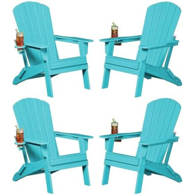 Folding Adirondack Chair, SGS Tested, Wooden Textured With Cup Holder, Heavy All-Weather HDPE Comfortable Set Poolside Backyard Lawn Aruba Blue Set 4