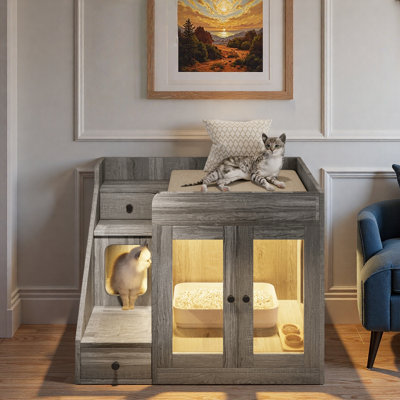 Cat Litter Box Enclosure With Light, 2 Storage Drawers And Cozy Cat House