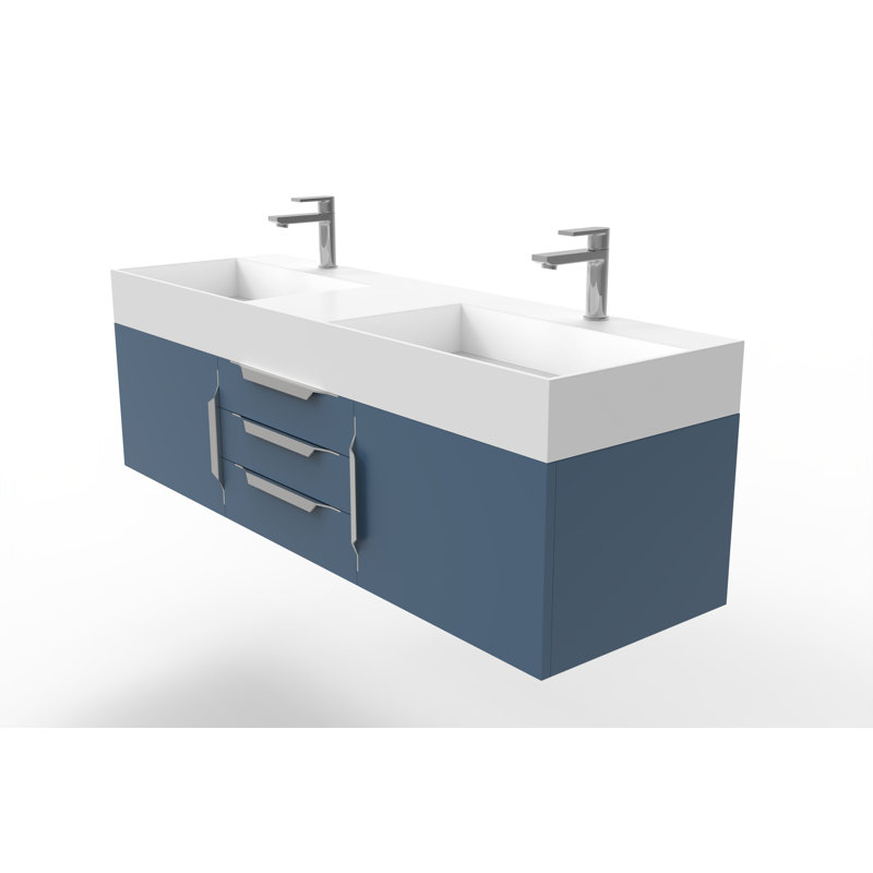 Ensemble de meuble-lavabo double mural 60 po Russett, Blanc, Bleu, Chrome