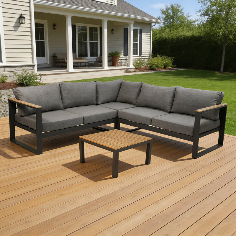 Outdoor Sectional Sofa Set 5-Person, All-Aluminum Frame Patio Conversation Set with Woven Fabric Cushions & Coffee Table, Rust-Proof Modular Outdoor Furniture for Backyard, Deck, Porch