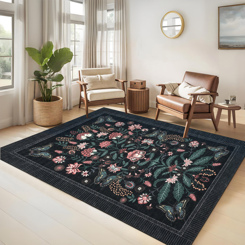Garden-Inspired Butterfly Washable Area Rug, Stain Resistant Soft Floor Cover for Living Room Bedroom Dining Room, Black