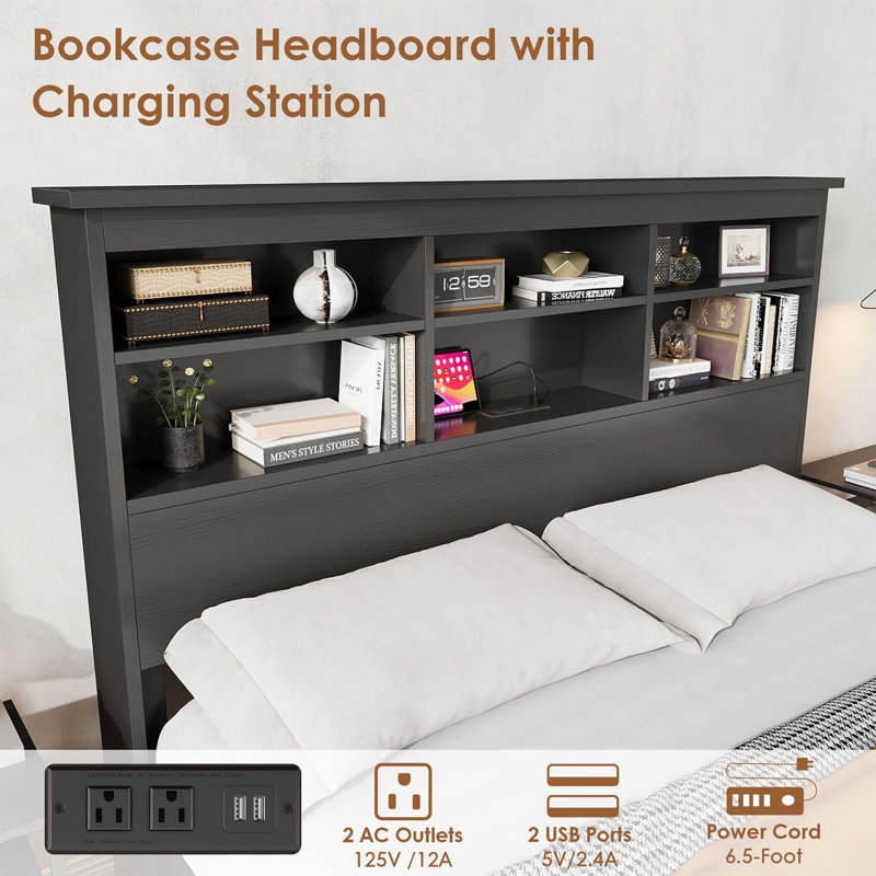 Base de lit plateforme avec grande tête de lit bibliothèque à 2 niveaux, chargement USB et Type-C, Très grand lit