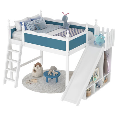 Full Loft Bed with Storage Shelves and Wardrobe, Solid Wood Loft Beds with Detachable Slide and Ladders, No Spring Box Needed,Blue and White.(Patent Protection)