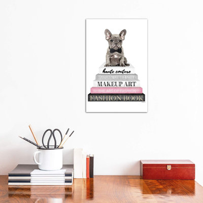 Grey Books With Pink, Grey Frenchie, Bowtie by Amanda Greenwood - Wrapped Canvas Painting