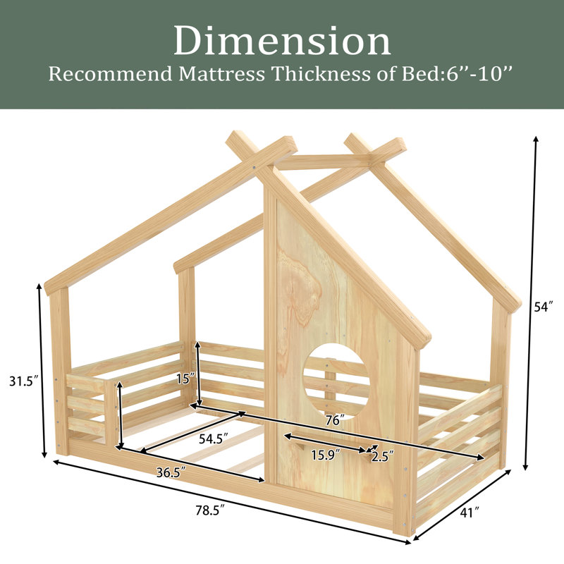 Lit de maison avec fenêtre et petite tablette, lit en bois massif avec toit en forme de maison, pas besoin de sommier, Simple