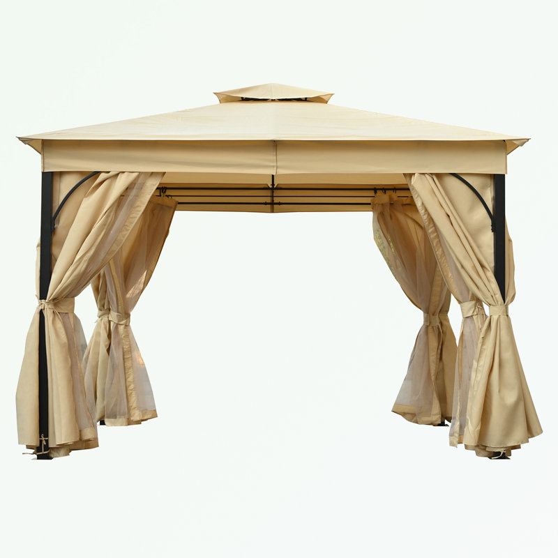 Outdoor Gazebo with Double Roofs and Privacy Screens, Beige, 108" H x 144" W x 120" D