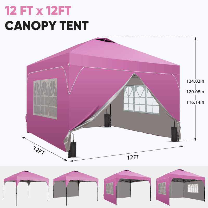 12 Ft X 12 Ft One-Push Set Up Canopy Tents With Sidewalls And Sandbags, Pink