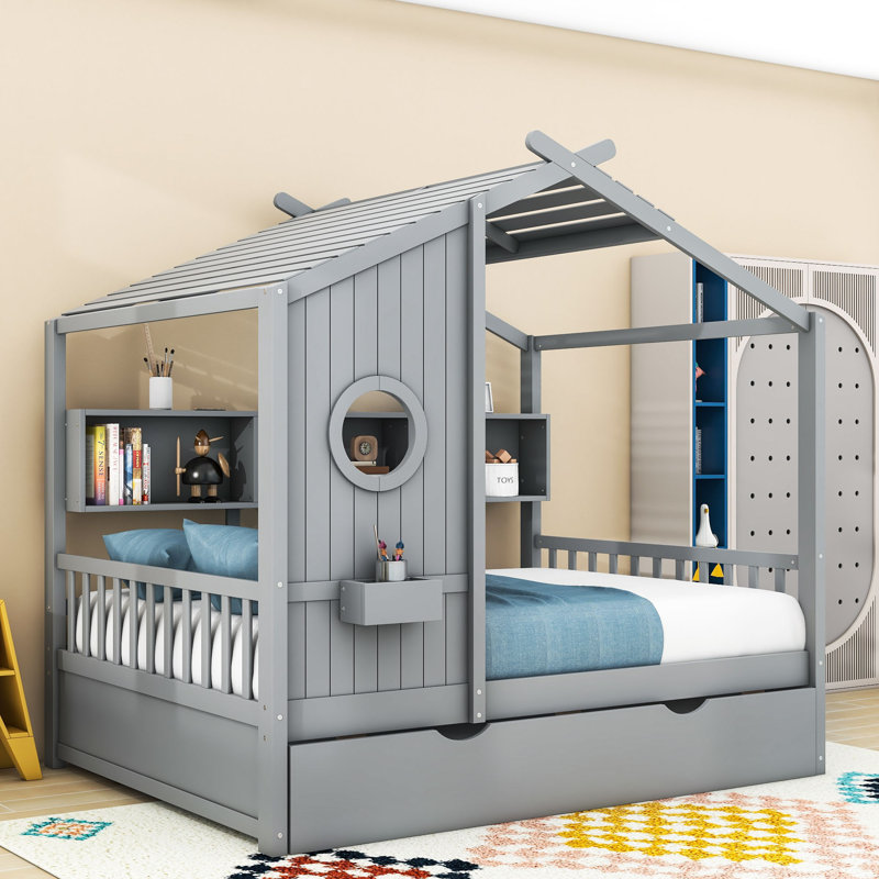 Lit en bois avec lit gigogne simple et tablettes de rangement, Gris, Double