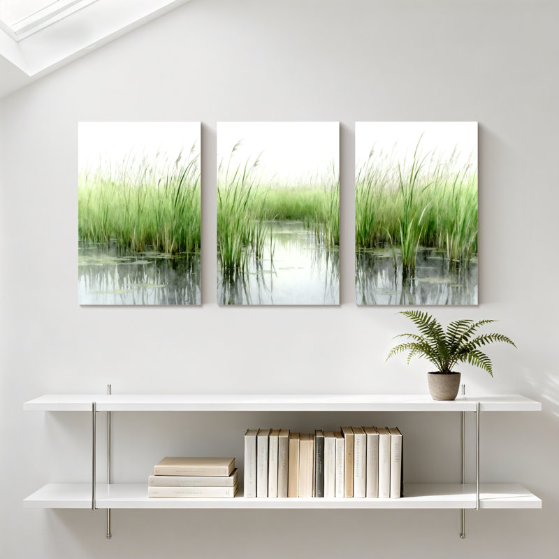 Ensemble de 3 reproductions d'art sur toile Winter Reeds Reflecting In Calm Water Surface, H 30 po x l 60 po