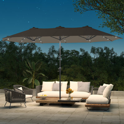 Parasol de marché 13 x 7,2 pi à DEL double face avec manivelle, grand parasol de table pour terrasse, marché, cour arrière, puissant protecteur UV