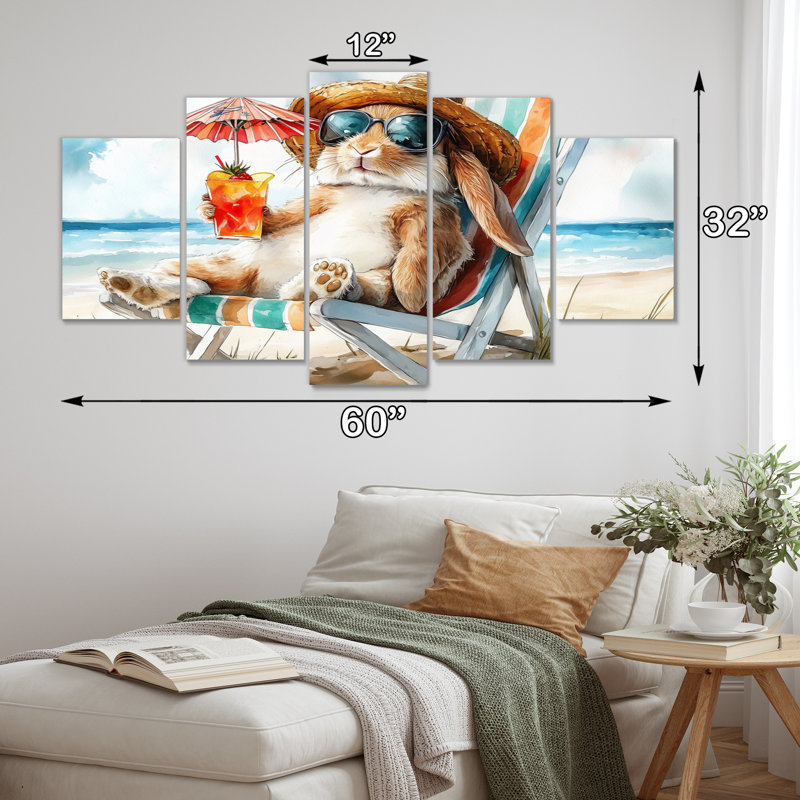 «Rabbit On The Beach Relaxing - Coastal Animal», art mural sur toile
