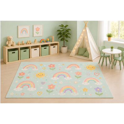 "Ultra Lightweight" 5'x7' Pastel Rainbow Area Rug for Kids Playroom Nursery Bedroom, Cute Rainbows Flowers Smiling Sun Hearts Kawaii Cartoon Classroom Decor, Non-Slip Silicone Backing Low Pile