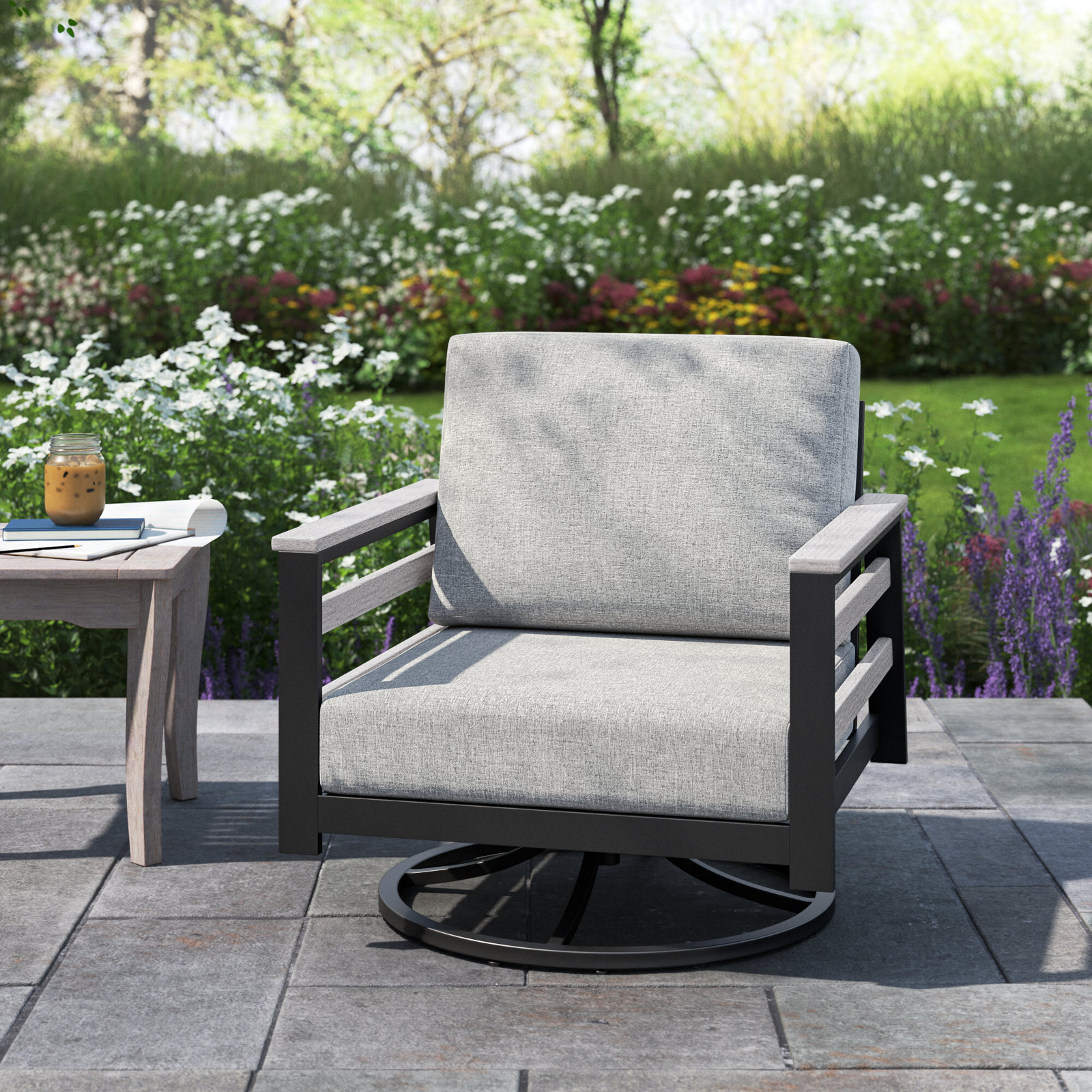 Townsend Sunbrella® Metal Swivel Patio Rocking Chair, Canvas Granite, White