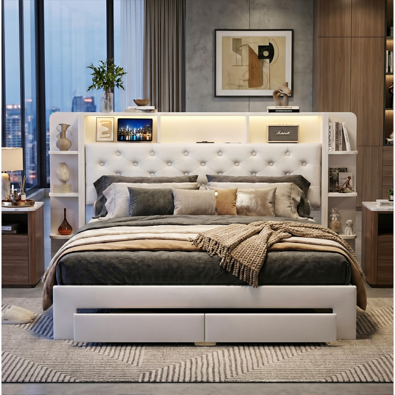 Smart LED White Velvet Upholstered Storage Bed With Bookcase Headboard & Charging Station (USB/Type-C), 140X200cm European Double / 160X200cm King, 2 Drawers Upholstered Frame