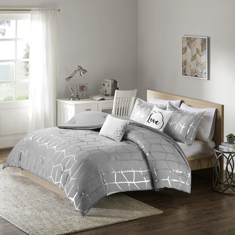 Édredon super doux en microfibre pour lit double / grand avec motif d'étoiles gris et argenté, Gris/argent