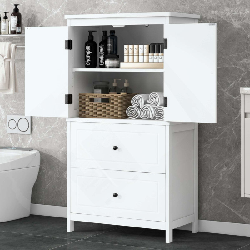 Bathroom Storage Cabinet, Cabinet With Two Doors And Drawers, Adjustable Shelf, MDF Board, White