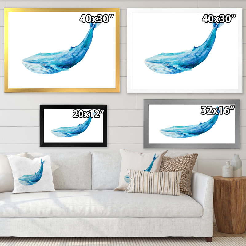 Baleine bleue sur fond blanc II - peinture sur toile, H 16 po x l 32 po, Toile à cadre d'angle fermé doré
