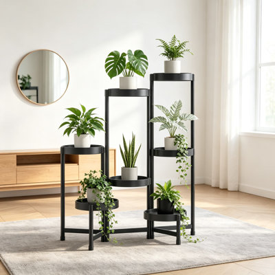 Support à plante pliable à plusieurs niveaux pour l'intérieur et l'extérieur avec plateaux en plastique imperméables, support en métal robuste pour coin, patio, porche, salon, jardin