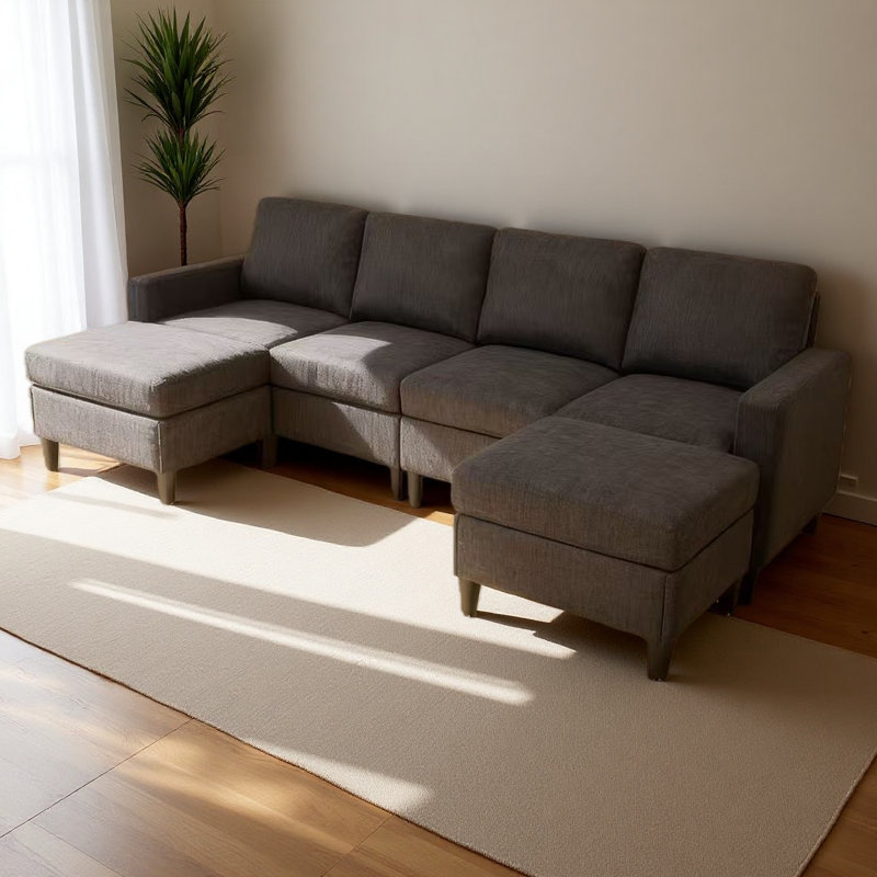 Upholstered Modular Sectional With 2 Ottomans, Charcoal Black