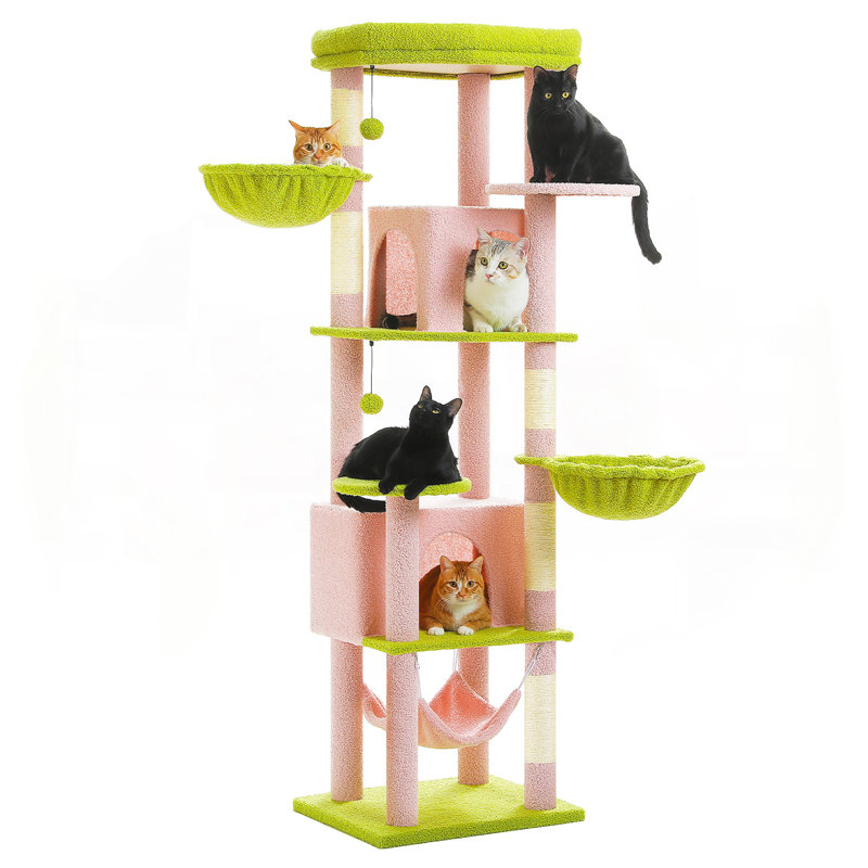 Arbre à chat de 71,2 po de hauteur pour grands chats d'intérieur, tour de chat à plusieurs niveaux avec 2 condos spacieux, 3 hamacs, très grand perchoir supérieur, 2 pompons