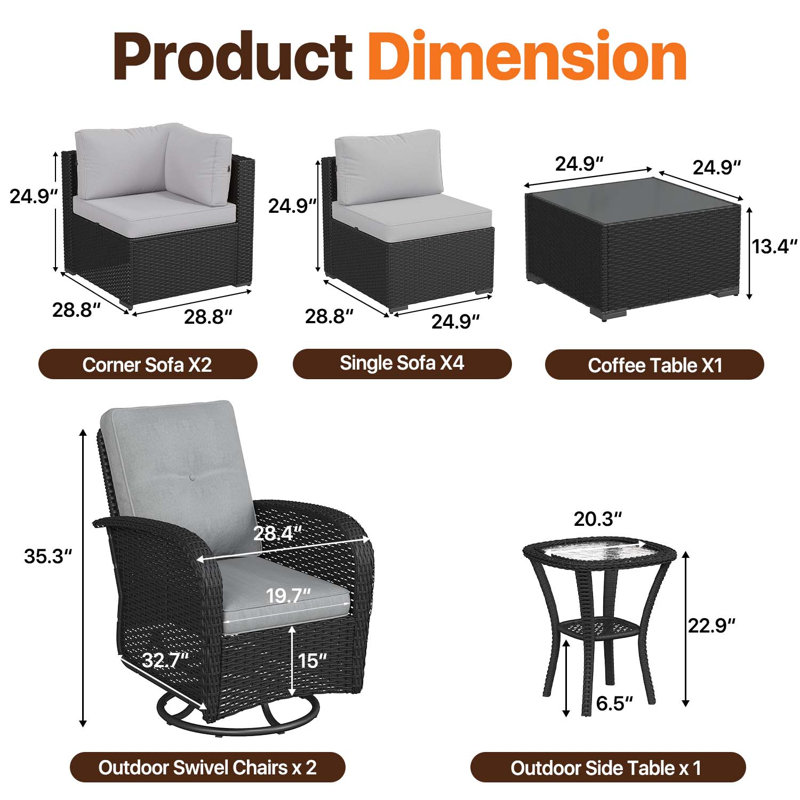 Ensemble de canapés d'extérieur en osier 10 pièces avec chaises berçantes pivotantes, Grey, Black