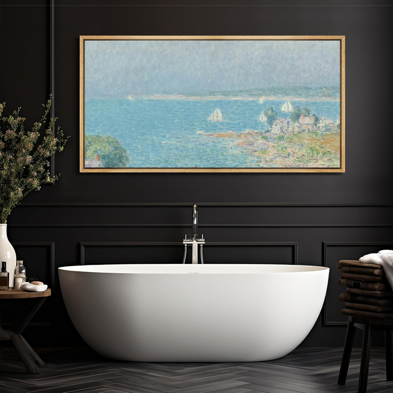 «Coastal Beach Harbor View At Dusk Seaside Town And Sail Ships», reproduction d'art sur toile, H 30 po x l 60 po, Naturel