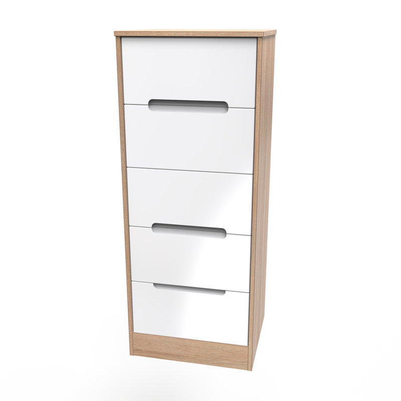 Fully Assembled Lissia 5 - Drawer Chest of Drawers, White Gloss/Bardolino Oak