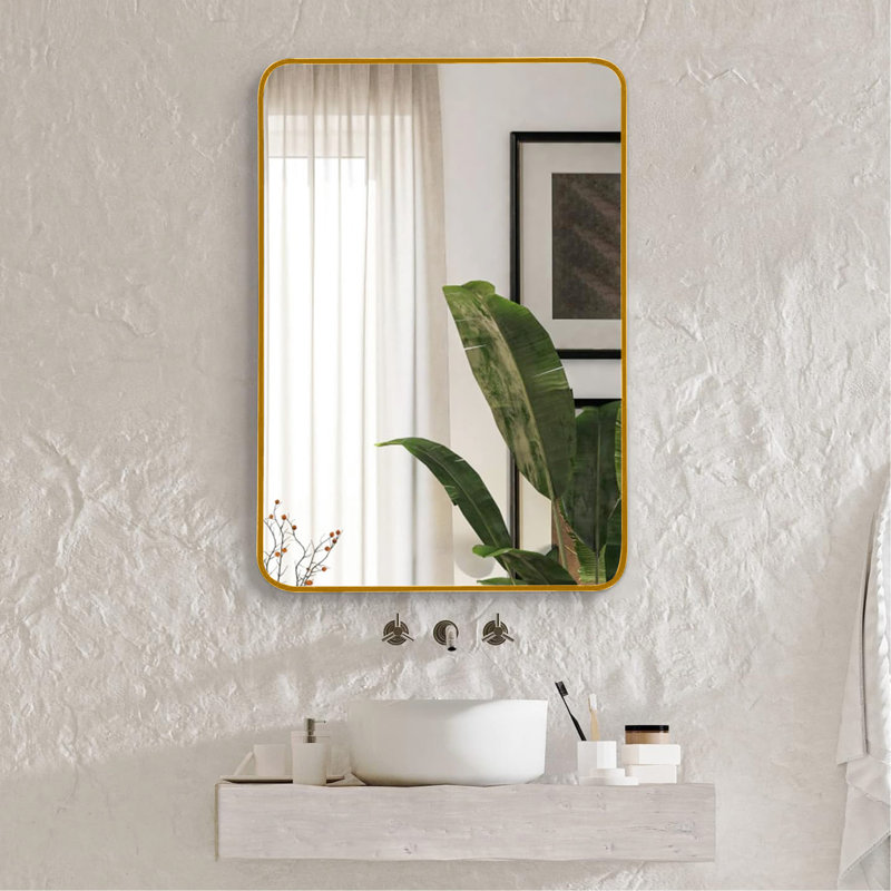 Miroir de salle de bain rectangulaire en métal doré 22 x 30 pouces - Film incassable, installation murale simple pour verre haute définition 4 mm, alliage d'aluminium rouille
