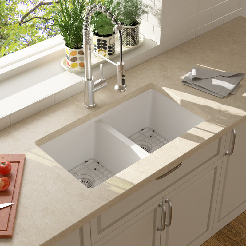 33" L x 19" W Undermount Quartz Double Bowl 50/50 Kitchen Sink Double Bowl Granite Composite Sink, White