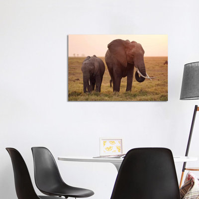 African Elephant Mother And Calf Grazing, Amboseli National Park, Kenya by Hiroya Minakuchi - Wrapped Canvas Print