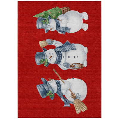 Machine Washable Indoor/Outdoor Christmas Snowman Xhevrie Red Rug