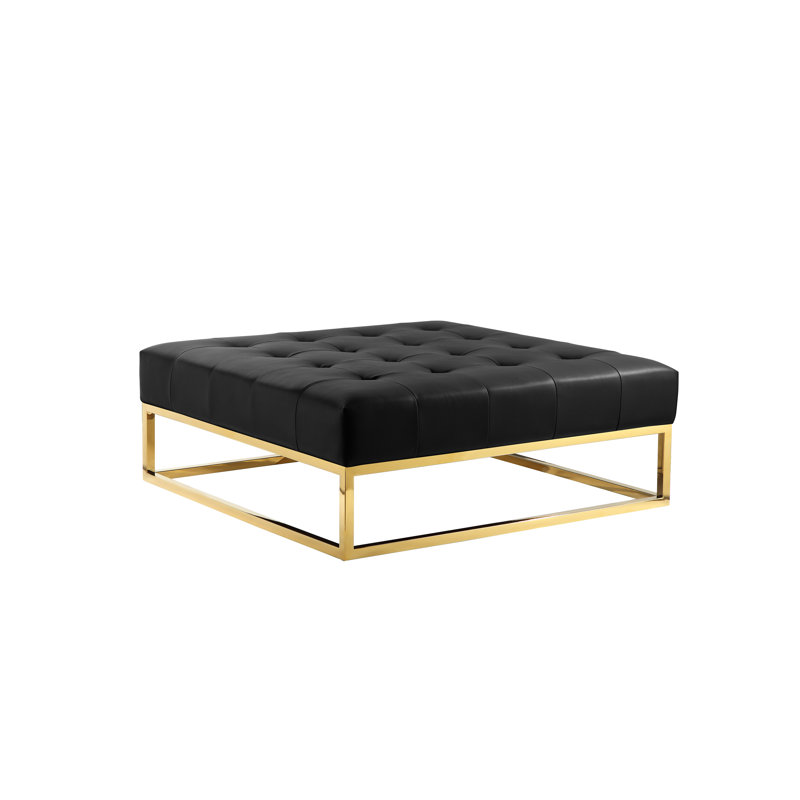 Lusso Upholstered Ottoman, Black Genuine Leather, Gold