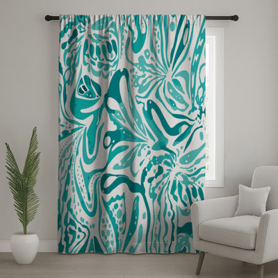 Turquoise Abstract Floral Window Curtains, Abstract Sheer & Blockout Curtains - 1 Panel