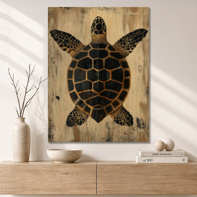 Tortue dorée - Affiche murale en bois sur le thème de la mer, H 40 po x l 30 po, Rectangulaire