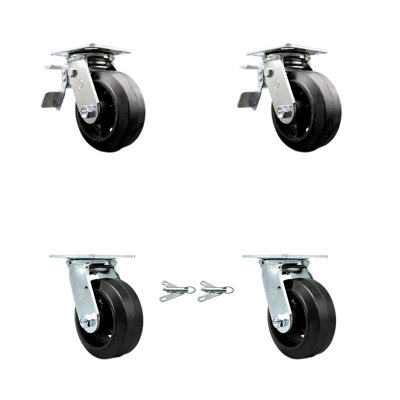 5 Inch Rubber on Steel Caster Set with Roller Bearings 2 Brake 2 Swivel Lock SCC