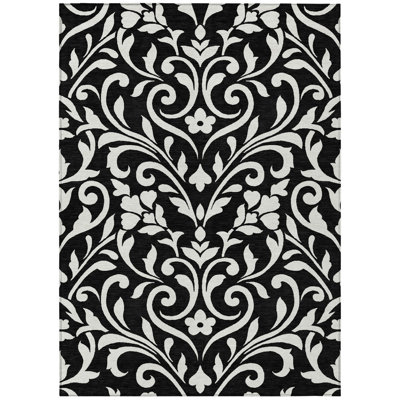 5' X 8' Black And Ivory Floral Washable Indoor Outdoor Area Rug