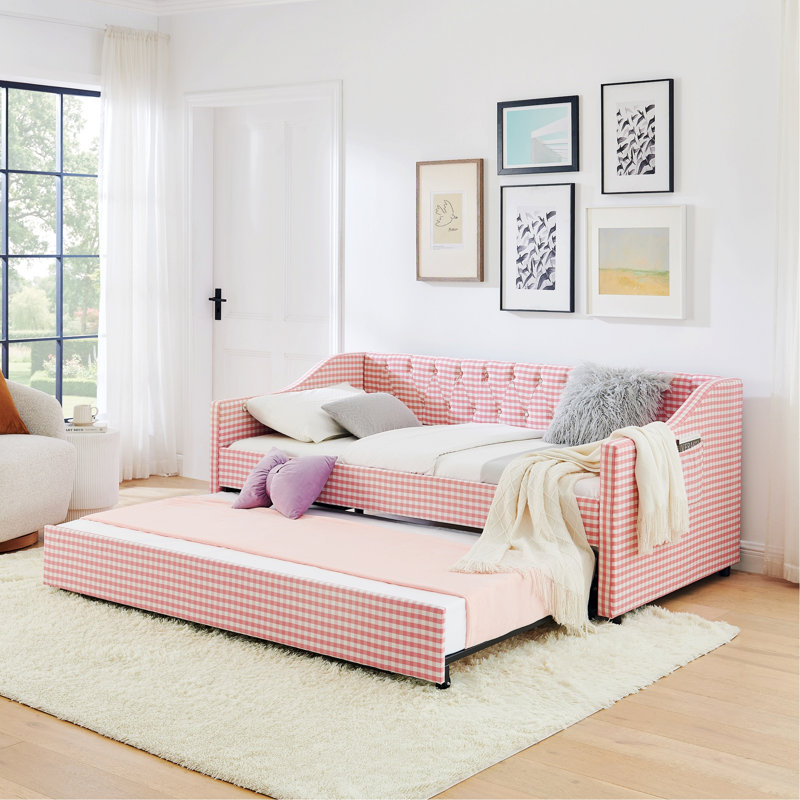 Lit de jour avec lit gigogne et rangement latéral, lit rembourré avec dossier capitonné, cadre de lit pour chambre d'amis, maison, chambre à coucher