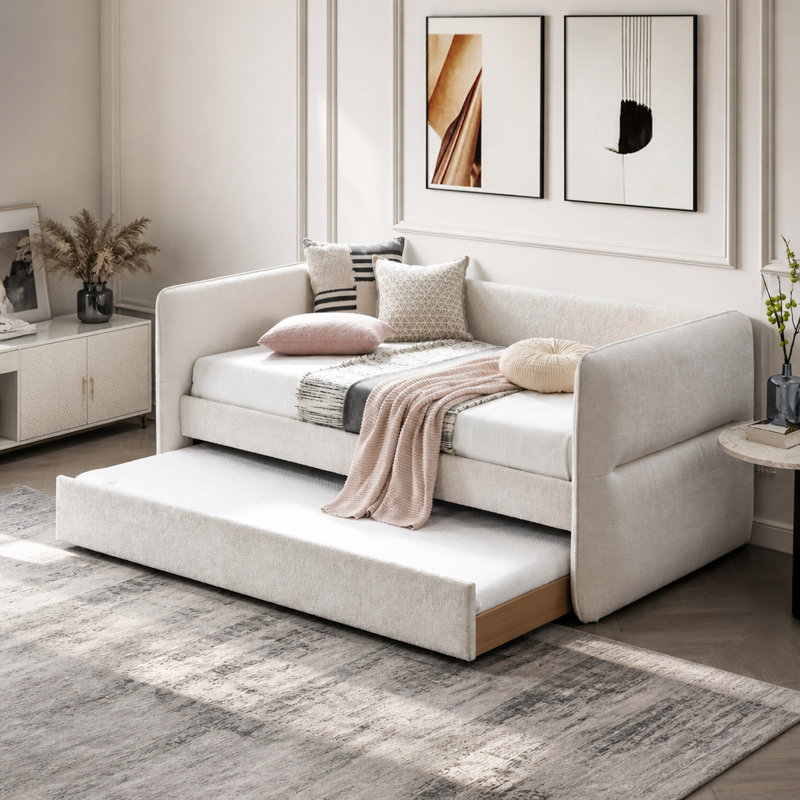 Luxueux lit de jour moderne gigogne escamotable capitonné 1 pièce, Très grand simple, Gruau