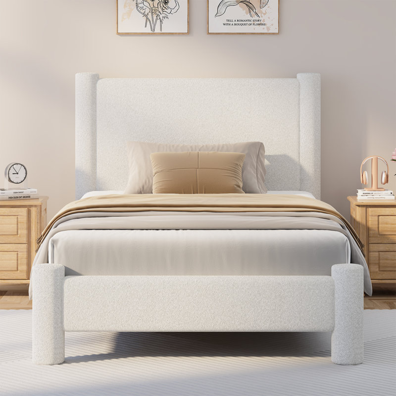 Lit plateforme tapissier Boucle, Blanc, Simple