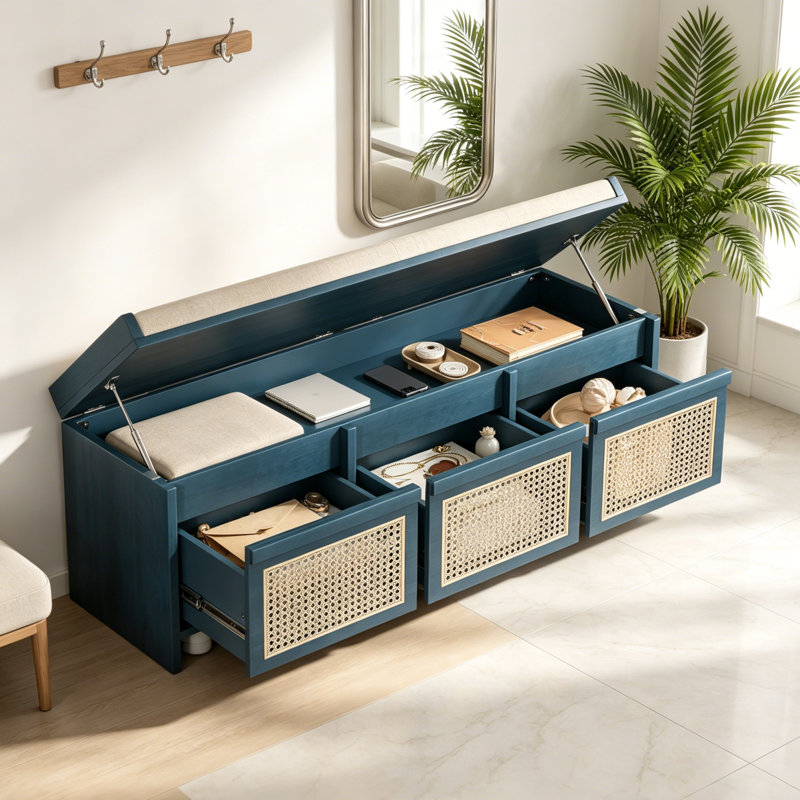 Banc de rangement rembourré 48 po avec tiroirs en rotin et plateau relevable sécuritaire, Bleu marine antique